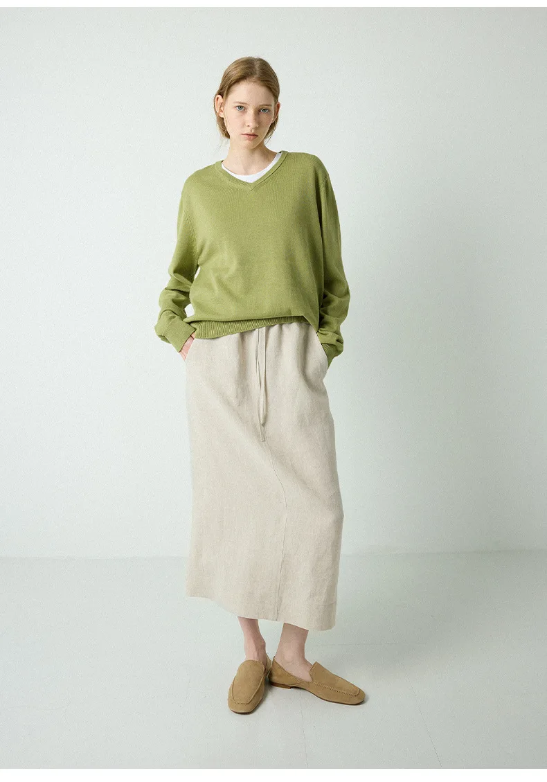 100% Linen Women's Drawstring Straight Skirt Spring/Summer New Arrival Elastic Waist Simple Casual Loose Woman Back Split Skirts