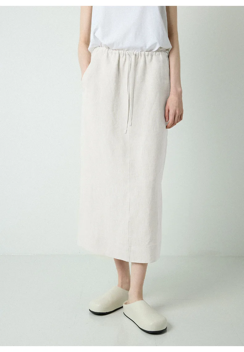 100% Linen Women's Drawstring Straight Skirt Spring/Summer New Arrival Elastic Waist Simple Casual Loose Woman Back Split Skirts