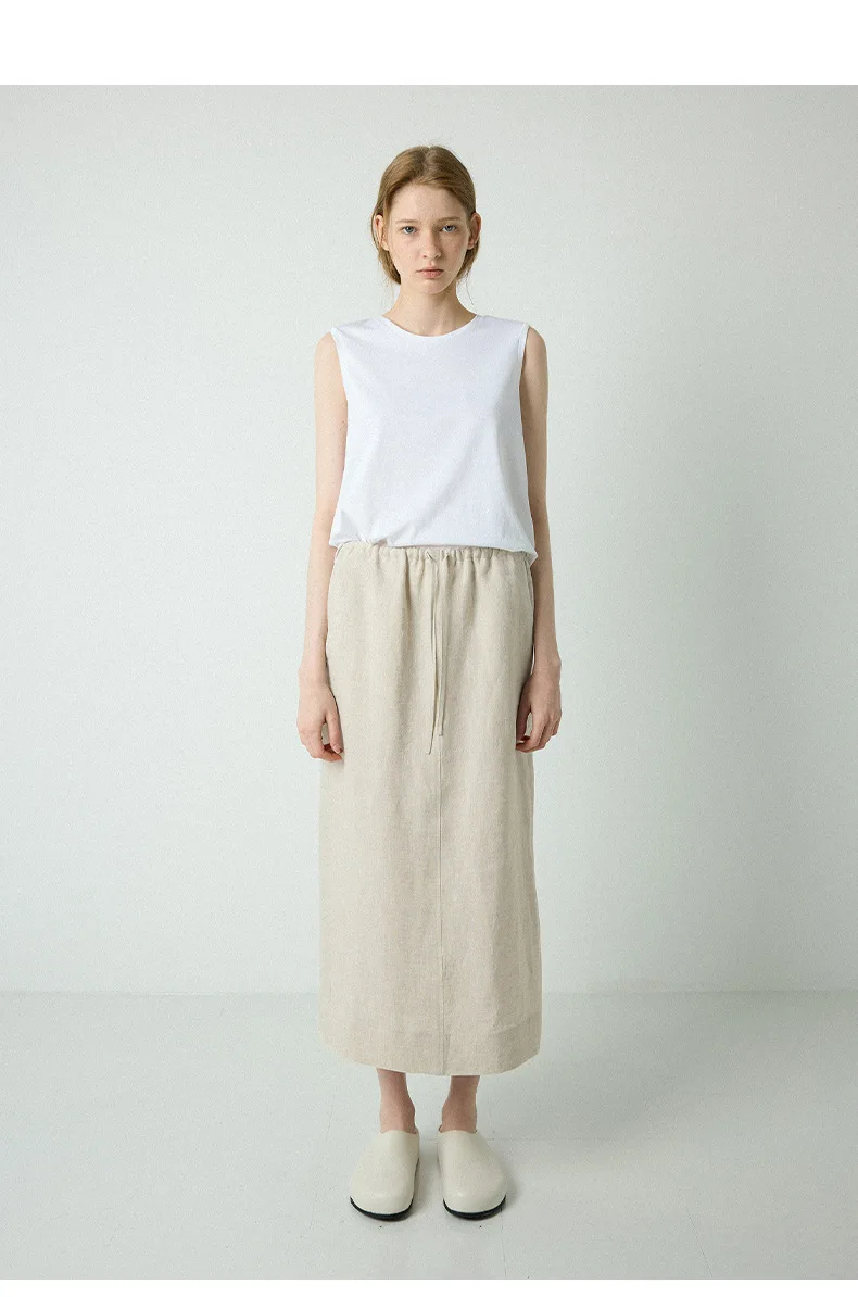 100% Linen Women's Drawstring Straight Skirt Spring/Summer New Arrival Elastic Waist Simple Casual Loose Woman Back Split Skirts