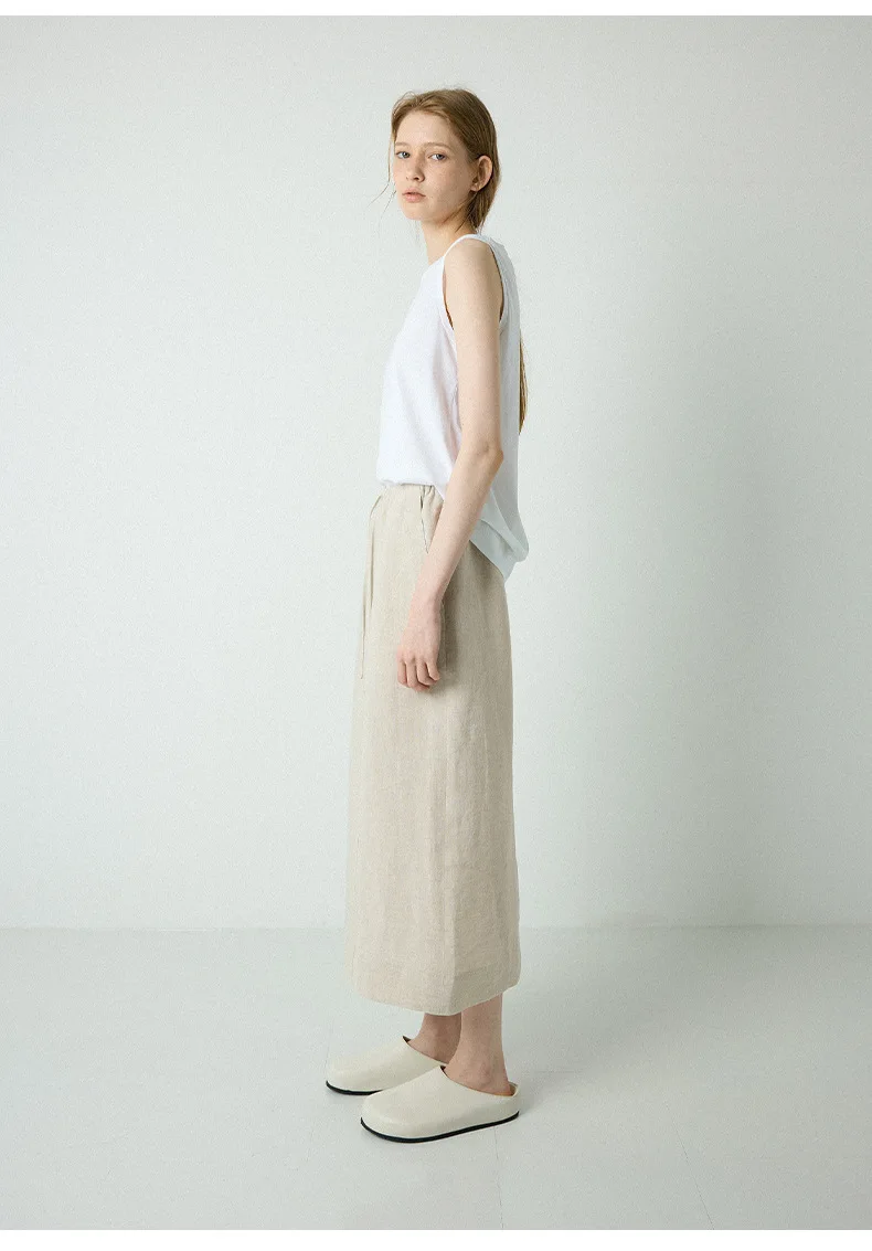 100% Linen Women's Drawstring Straight Skirt Spring/Summer New Arrival Elastic Waist Simple Casual Loose Woman Back Split Skirts
