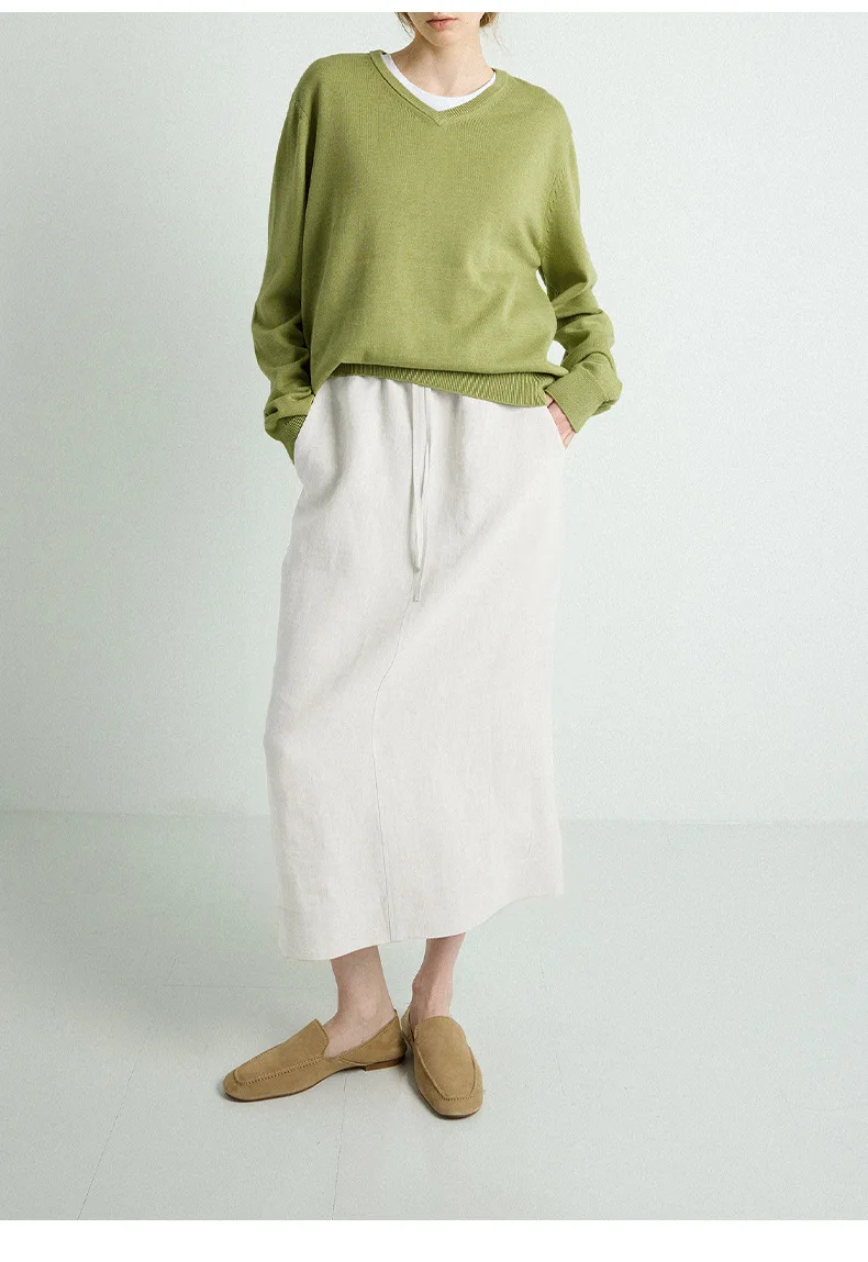 100% Linen Women's Drawstring Straight Skirt Spring/Summer New Arrival Elastic Waist Simple Casual Loose Woman Back Split Skirts
