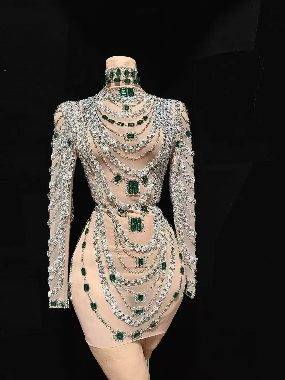Luxurious Mini Dress Women Transparent Rhinestones Bodycon Singer Bar Club Shiny Short Dress Celebrity Party Evening Stage Costu