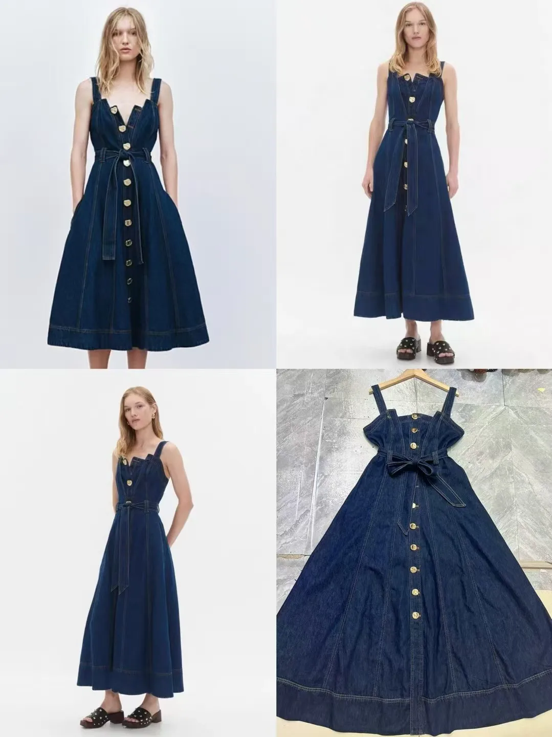 High Quality Autumn Women's Sleeveless Denim Causal Fitted Bodice Dress with Twin Belt Loops