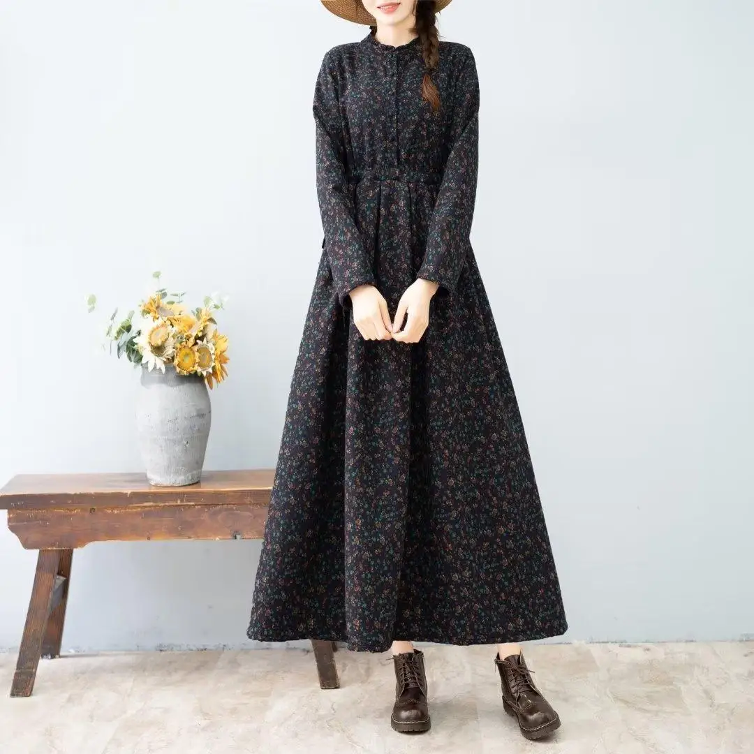 Artistic Retro style Autumn Winter New Women's Thick Floral Dress With Added velvet Cinched waist Slimming Big swing Long Dress
