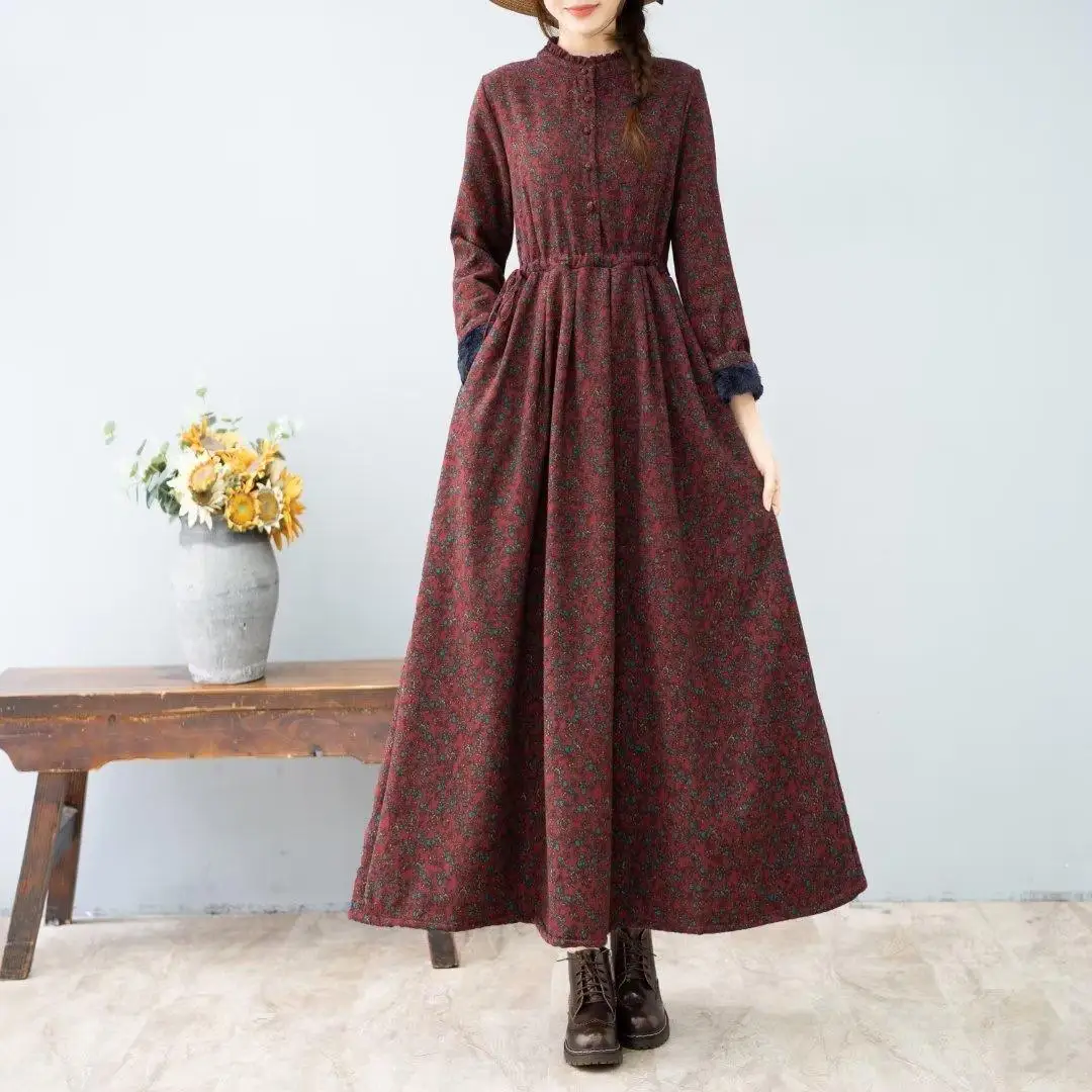 Artistic Retro style Autumn Winter New Women's Thick Floral Dress With Added velvet Cinched waist Slimming Big swing Long Dress