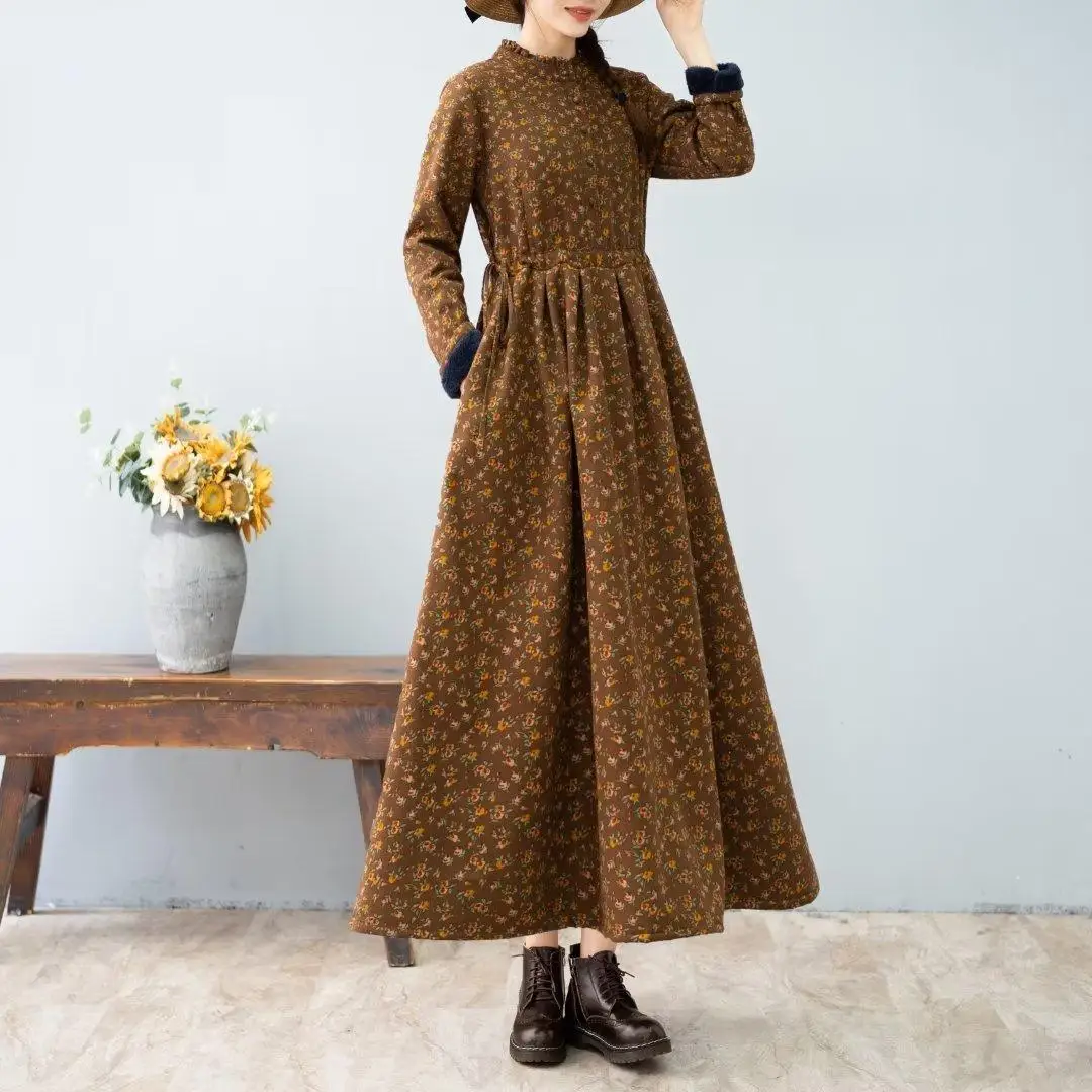 Artistic Retro style Autumn Winter New Women's Thick Floral Dress With Added velvet Cinched waist Slimming Big swing Long Dress