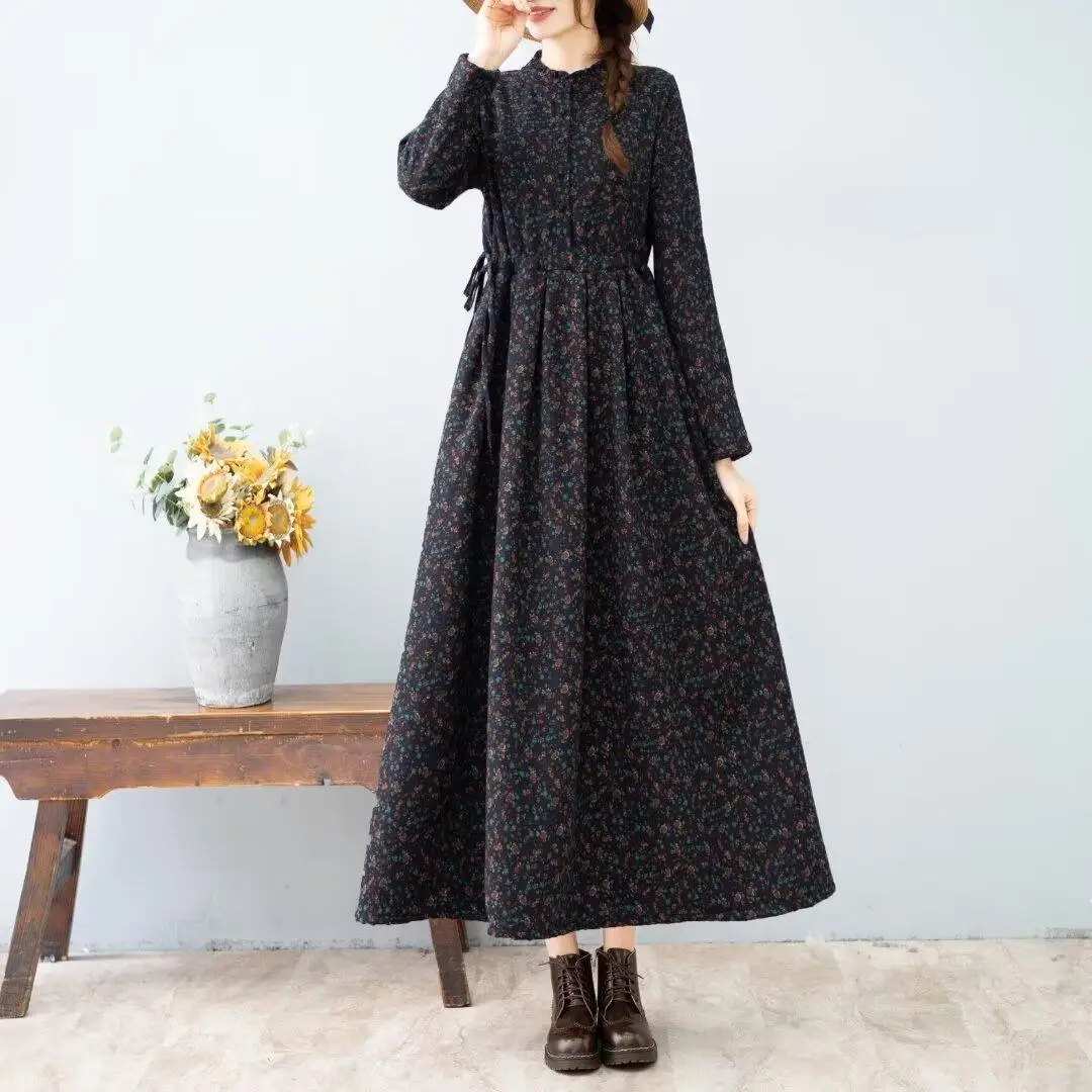 Artistic Retro style Autumn Winter New Women's Thick Floral Dress With Added velvet Cinched waist Slimming Big swing Long Dress