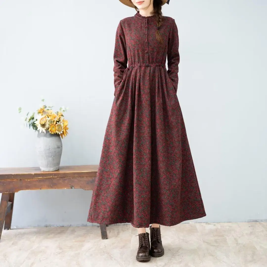 Artistic Retro style Autumn Winter New Women's Thick Floral Dress With Added velvet Cinched waist Slimming Big swing Long Dress