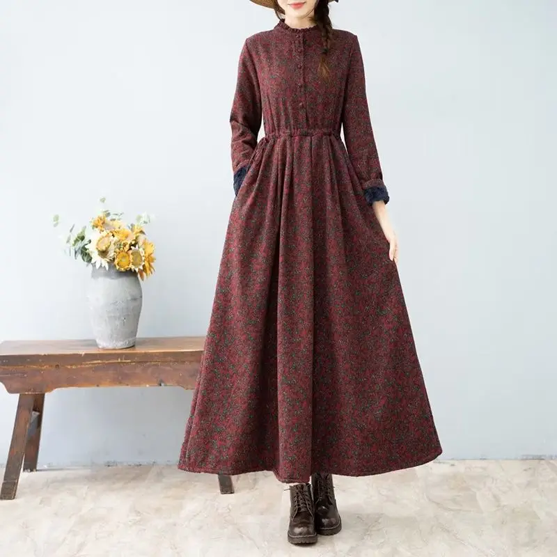 Artistic Retro style Autumn Winter New Women's Thick Floral Dress With Added velvet Cinched waist Slimming Big swing Long Dress