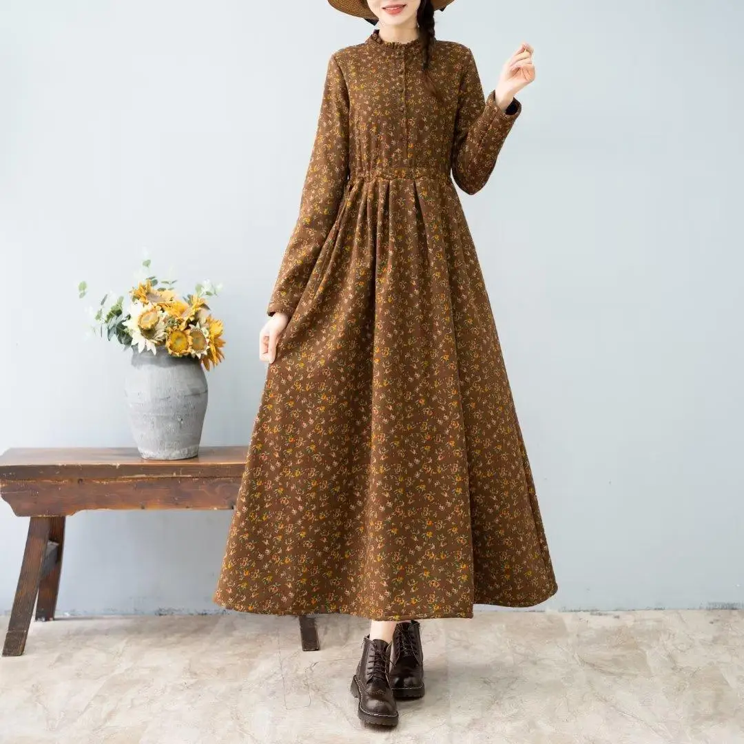 Artistic Retro style Autumn Winter New Women's Thick Floral Dress With Added velvet Cinched waist Slimming Big swing Long Dress