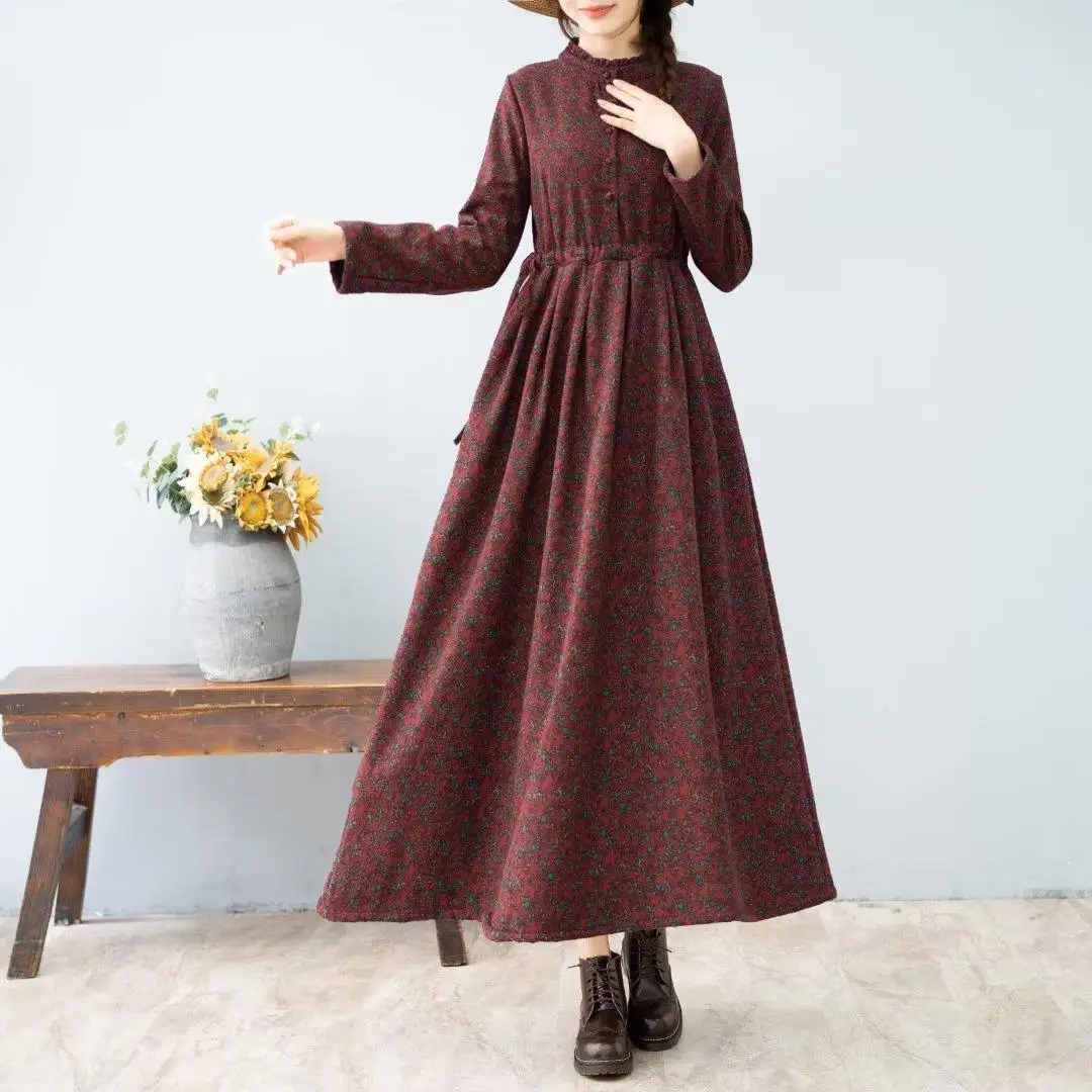 Artistic Retro style Autumn Winter New Women's Thick Floral Dress With Added velvet Cinched waist Slimming Big swing Long Dress
