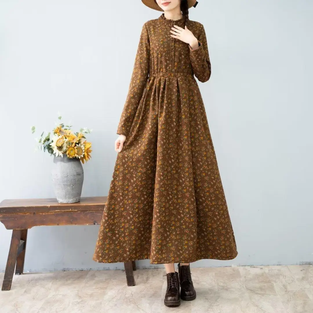 Artistic Retro style Autumn Winter New Women's Thick Floral Dress With Added velvet Cinched waist Slimming Big swing Long Dress