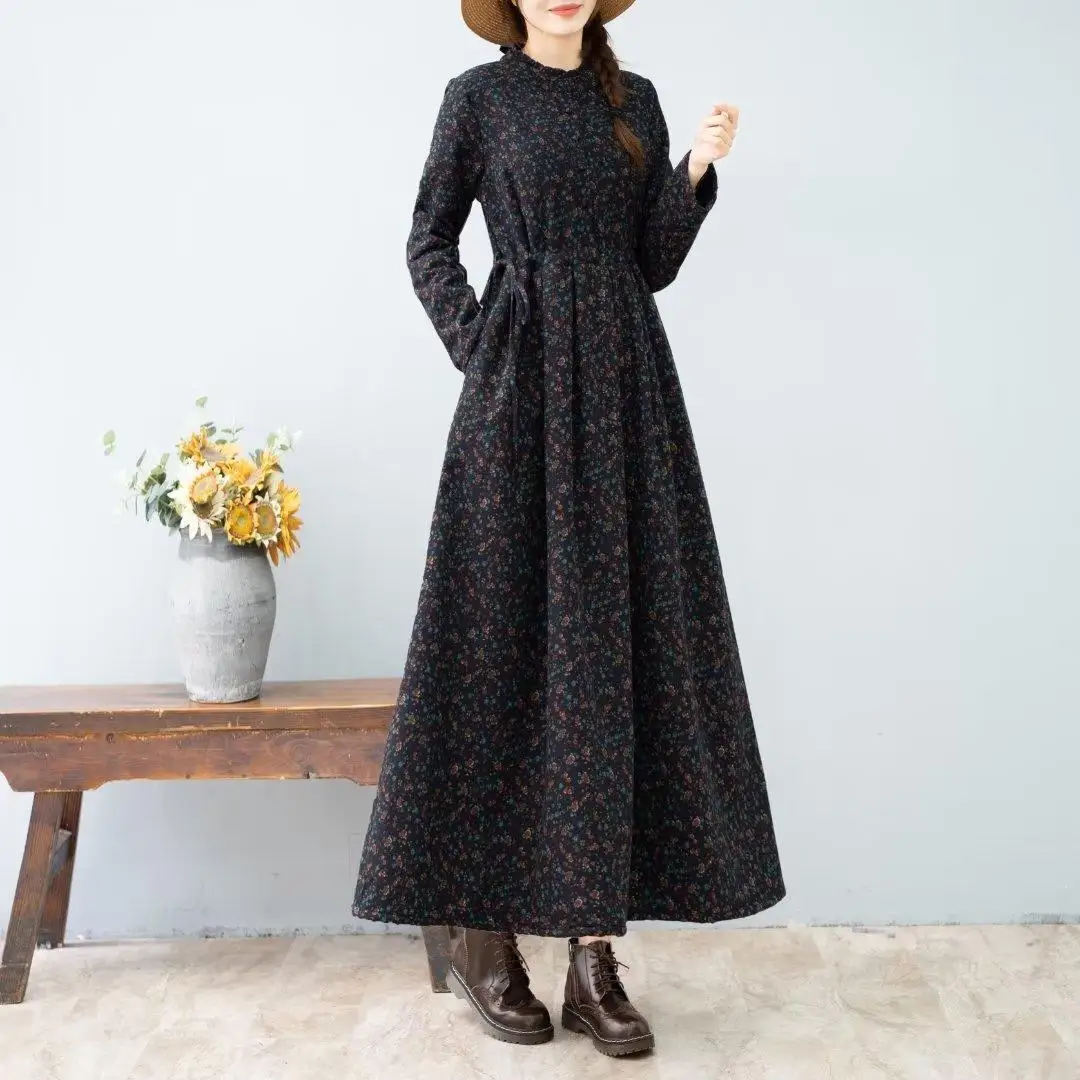 Artistic Retro style Autumn Winter New Women's Thick Floral Dress With Added velvet Cinched waist Slimming Big swing Long Dress