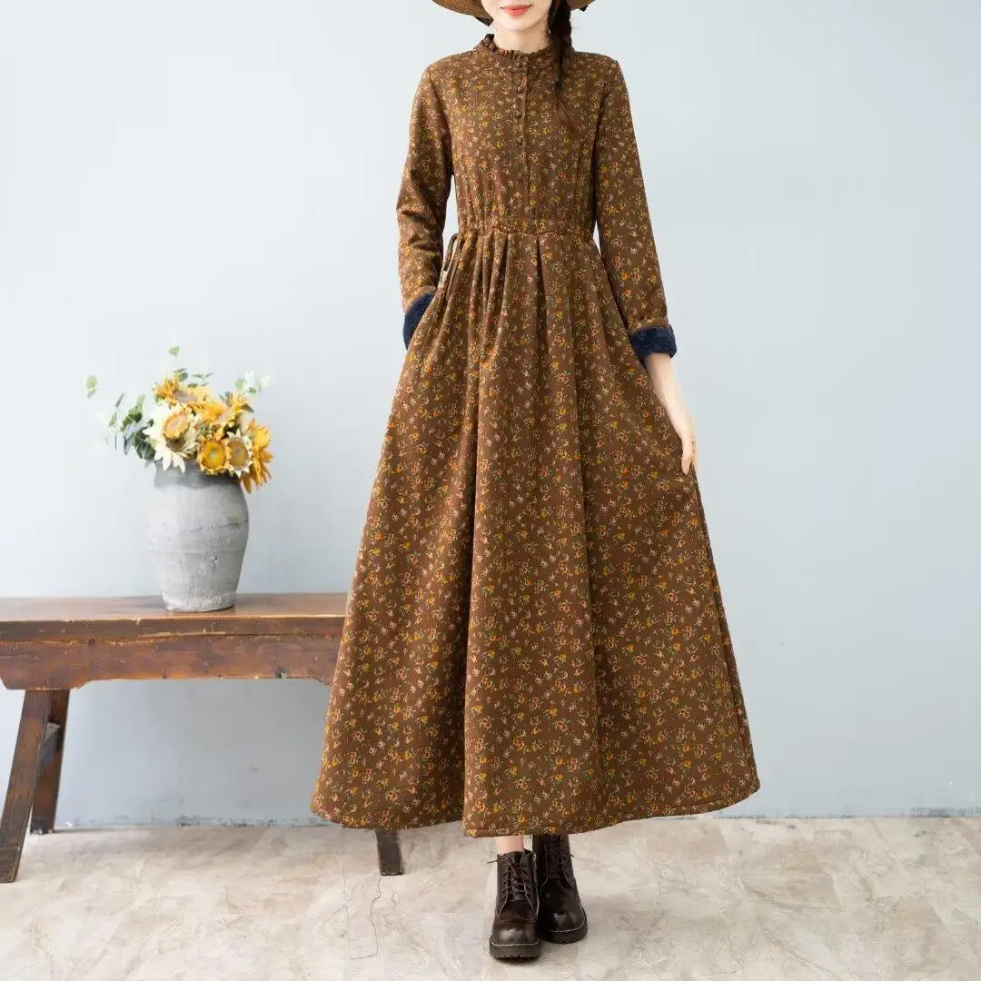 Artistic Retro style Autumn Winter New Women's Thick Floral Dress With Added velvet Cinched waist Slimming Big swing Long Dress