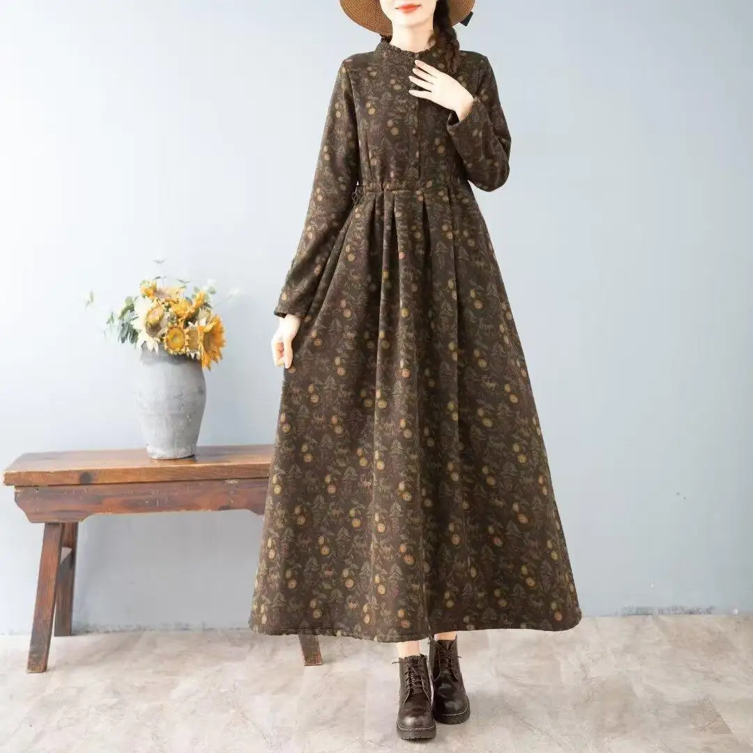 Artistic Retro style Autumn Winter New Women's Thick Floral Dress With Added velvet Cinched waist Slimming Big swing Long Dress