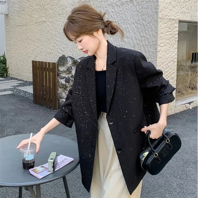Black Unique High-End Shiny Suit Jacket For Women 2025 Spring And Autumn New Fashion Light Mature Style Exquisite Suit Black 