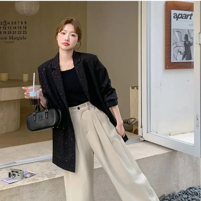 Black Unique High-End Shiny Suit Jacket For Women 2025 Spring And Autumn New Fashion Light Mature Style Exquisite Suit Black 