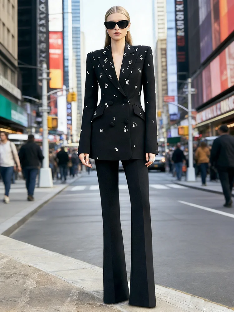 HIGH STREET Newest 2026 Stylish Designer Suit Set Women's Diamonds Beaded Blazer Pants Set 2pcs