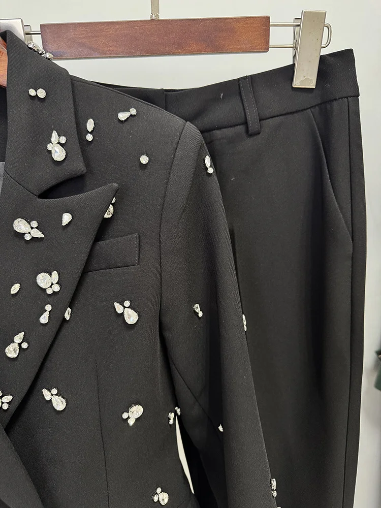 HIGH STREET Newest 2026 Stylish Designer Suit Set Women's Diamonds Beaded Blazer Pants Set 2pcs