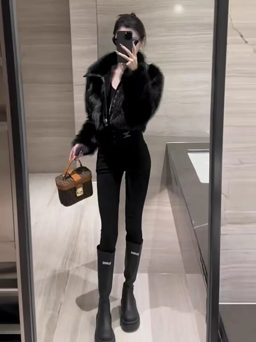 2026 Autumn Winter Women's New Motorcycle Wind Spice Girl Coat Short Fashion Jacket Female Leather Imitation Fox Fur Overwear