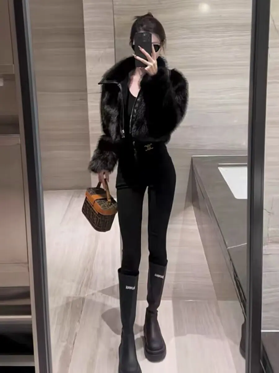 2026 Autumn Winter Women's New Motorcycle Wind Spice Girl Coat Short Fashion Jacket Female Leather Imitation Fox Fur Overwear