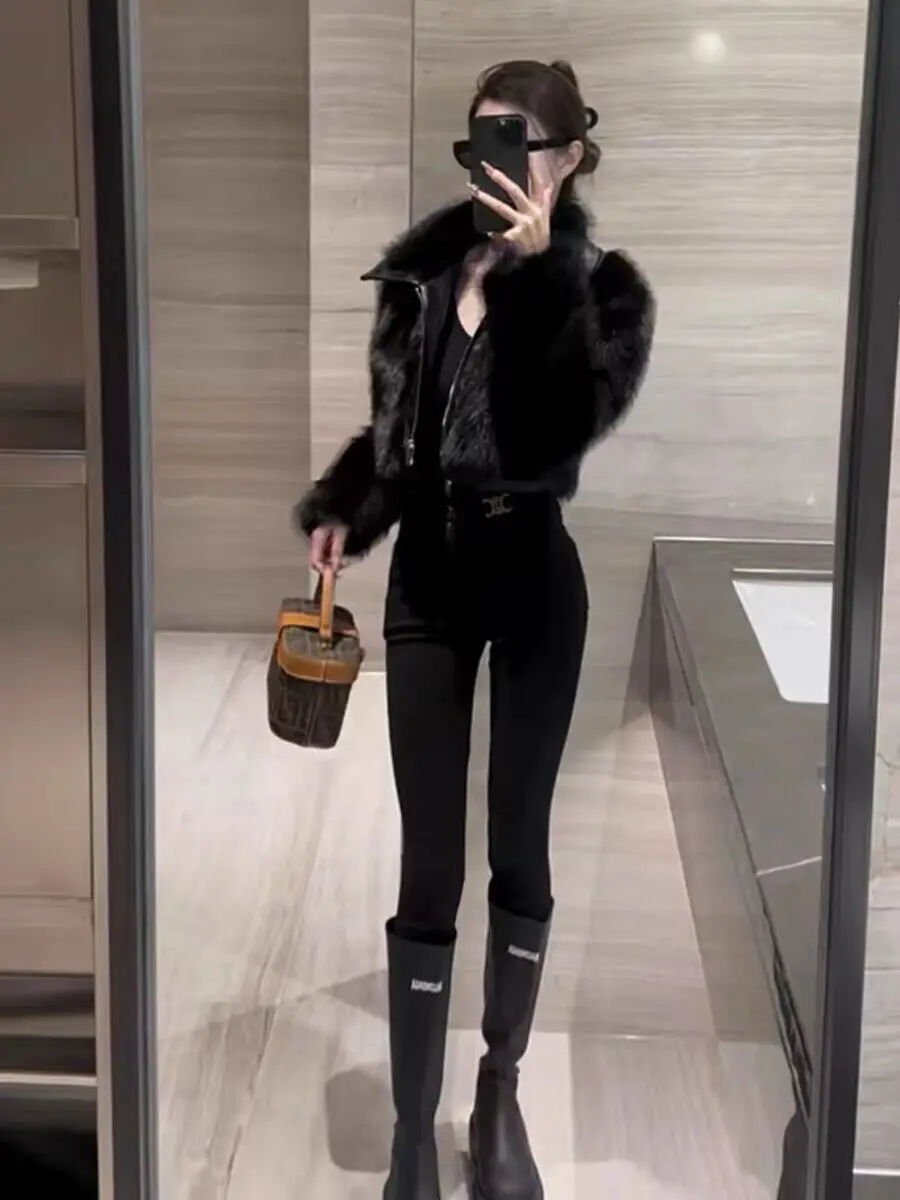 2026 Autumn Winter Women's New Motorcycle Wind Spice Girl Coat Short Fashion Jacket Female Leather Imitation Fox Fur Overwear