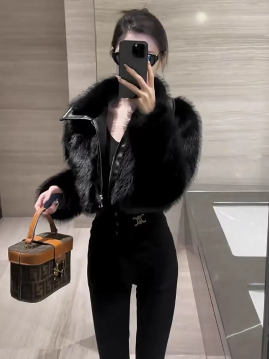 2026 Autumn Winter Women's New Motorcycle Wind Spice Girl Coat Short Fashion Jacket Female Leather Imitation Fox Fur Overwear