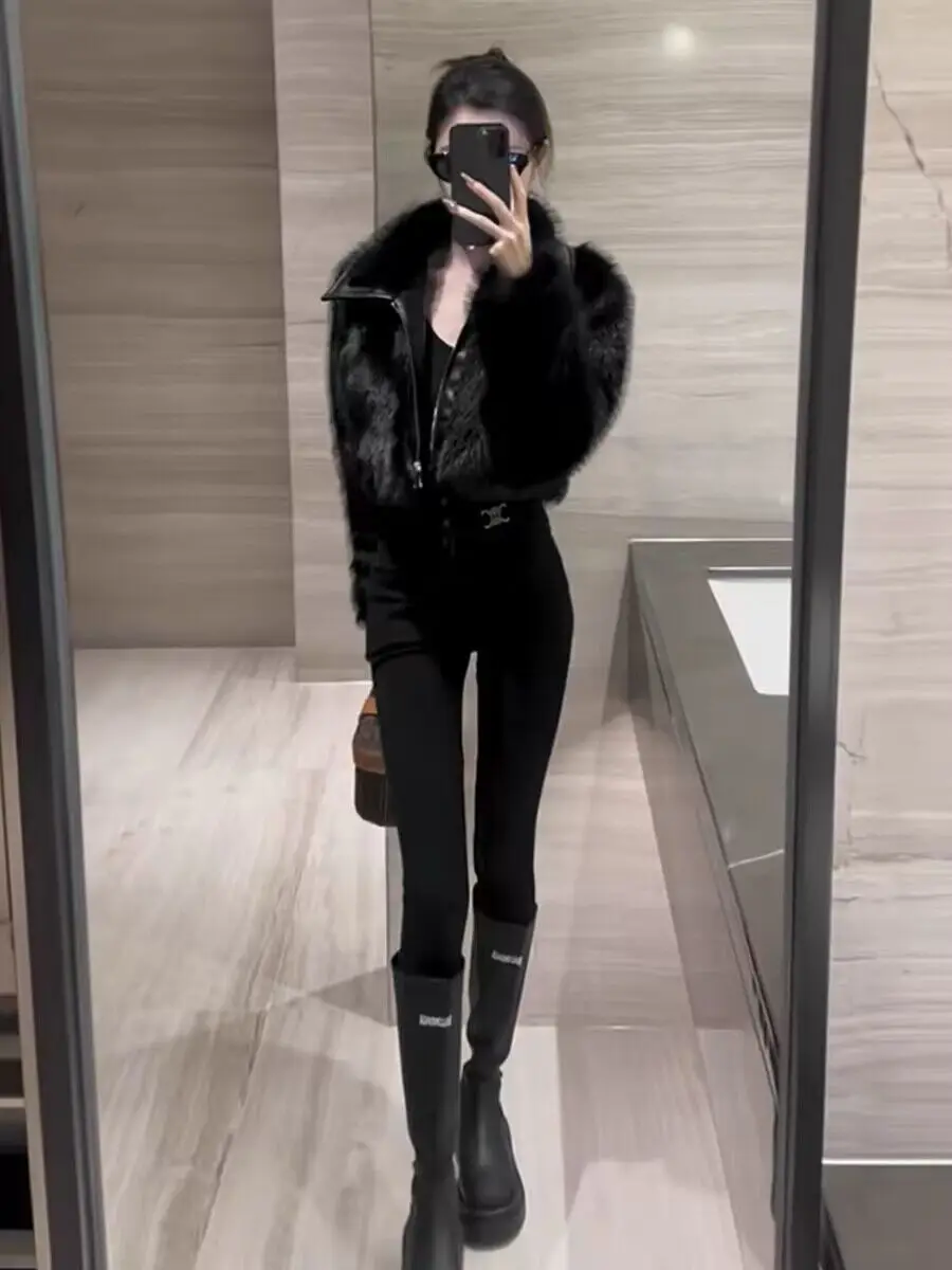 2026 Autumn Winter Women's New Motorcycle Wind Spice Girl Coat Short Fashion Jacket Female Leather Imitation Fox Fur Overwear