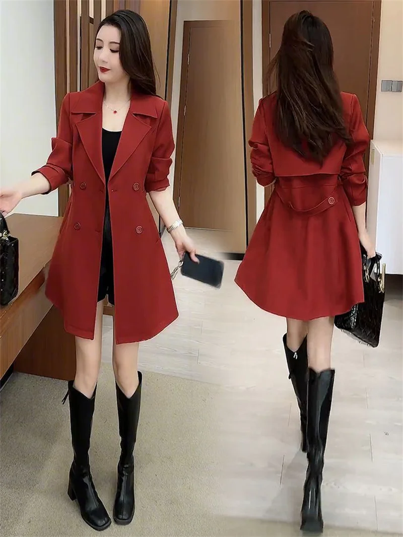 Fashion Design Thanks Mid Length Suit Jacket Ladies Blazer 2026 New Spring Autumn Double Breasted Casual Suit Windbreaker Coat