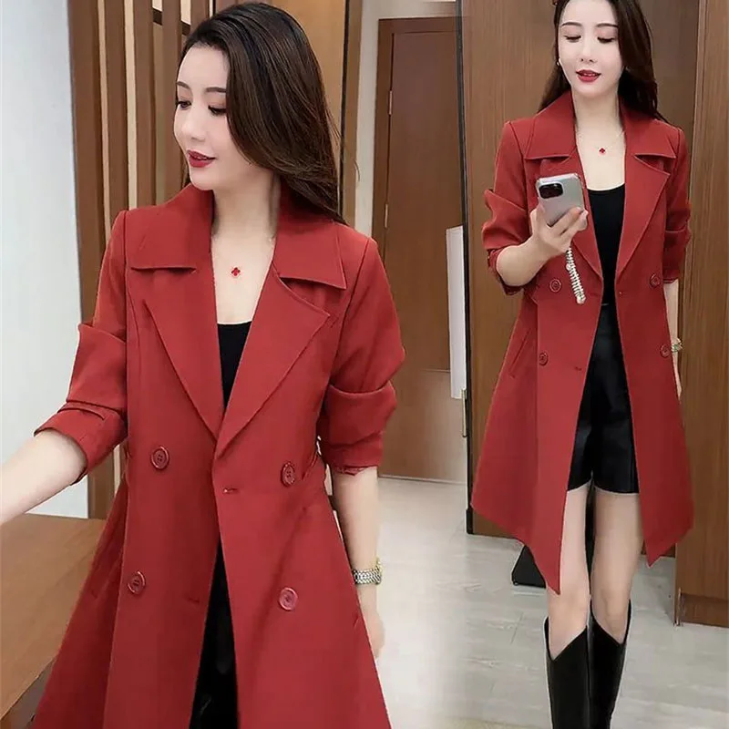 Fashion Design Thanks Mid Length Suit Jacket Ladies Blazer 2026 New Spring Autumn Double Breasted Casual Suit Windbreaker Coat