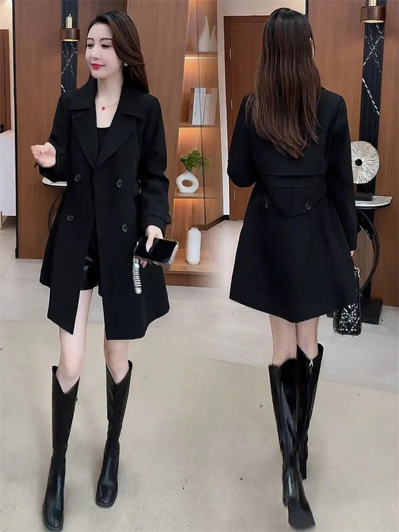Fashion Design Thanks Mid Length Suit Jacket Ladies Blazer 2026 New Spring Autumn Double Breasted Casual Suit Windbreaker Coat