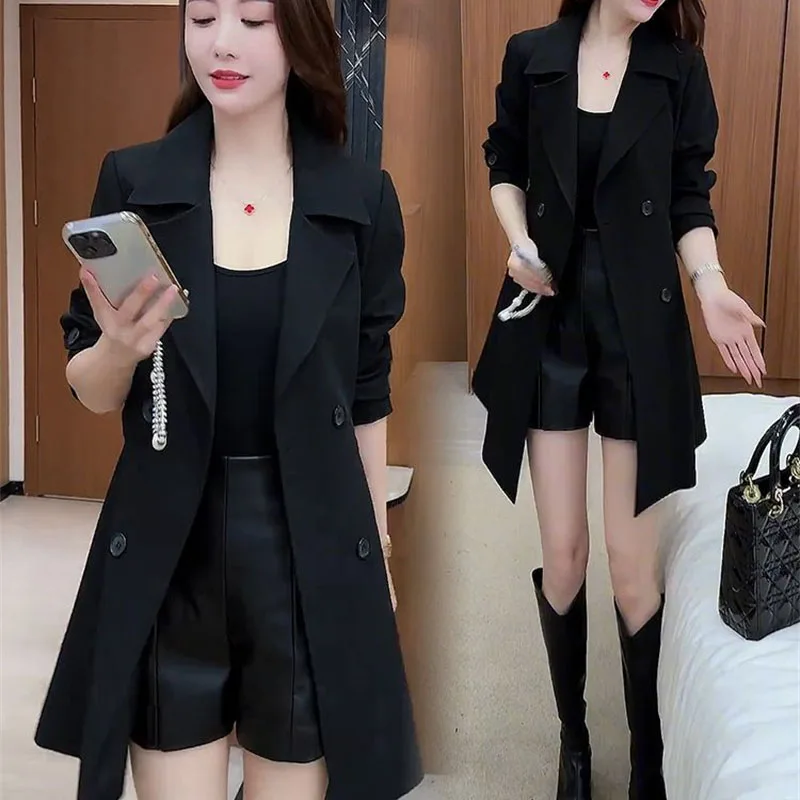 Fashion Design Thanks Mid Length Suit Jacket Ladies Blazer 2026 New Spring Autumn Double Breasted Casual Suit Windbreaker Coat