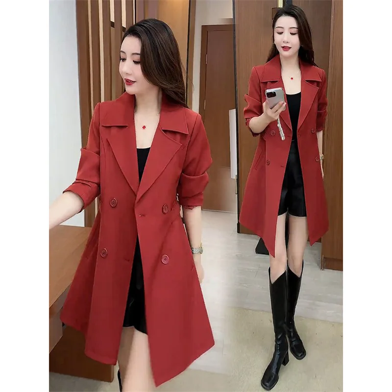Fashion Design Thanks Mid Length Suit Jacket Ladies Blazer 2026 New Spring Autumn Double Breasted Casual Suit Windbreaker Coat