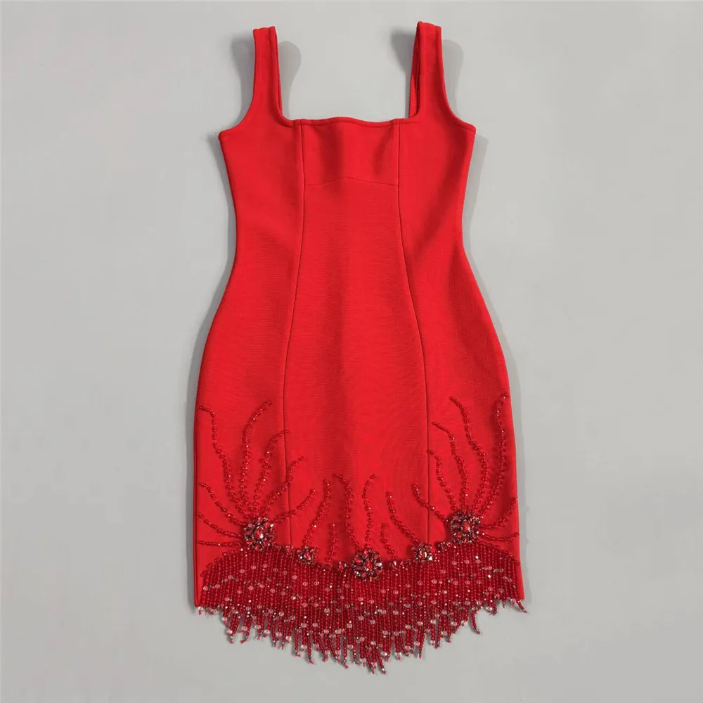 Women Sexy Sleeveless Bandage Dress Fashion Beading Tassel Clothes Club Party Bodycon Dresses