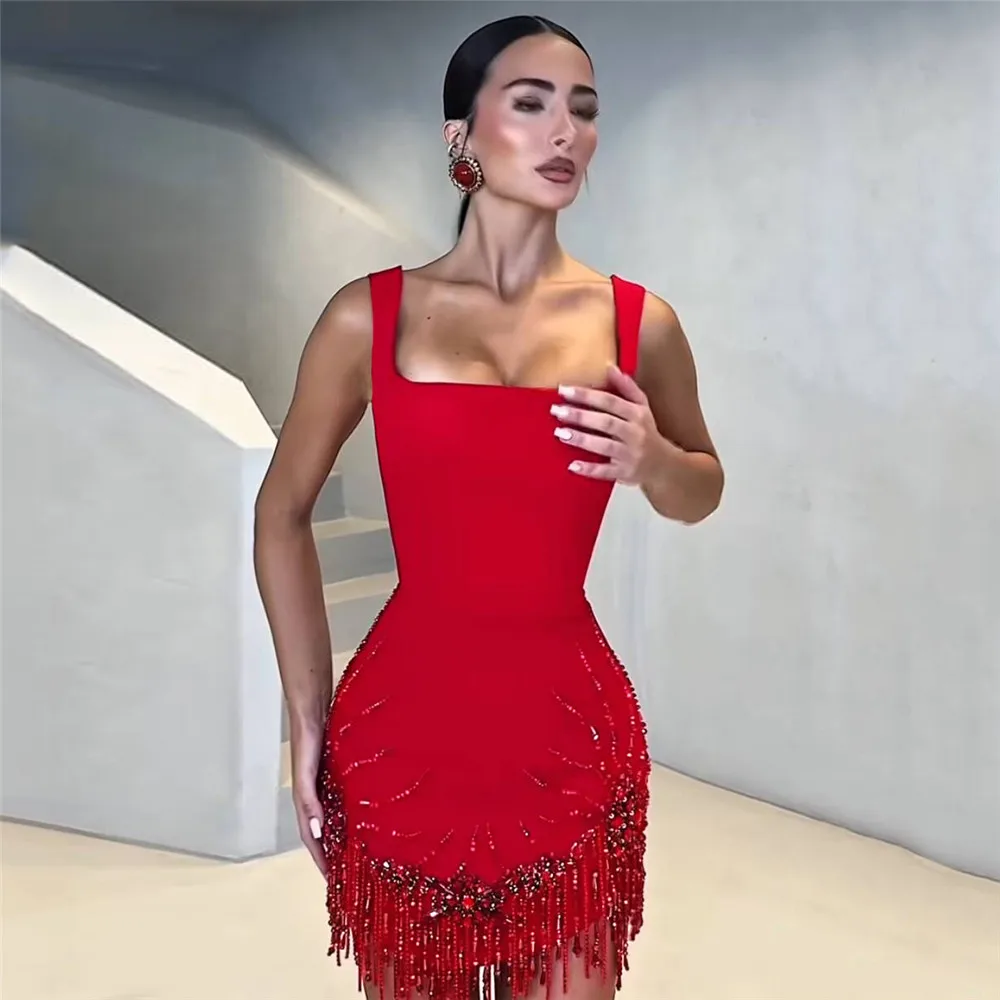 Women Sexy Sleeveless Bandage Dress Fashion Beading Tassel Clothes Club Party Bodycon Dresses