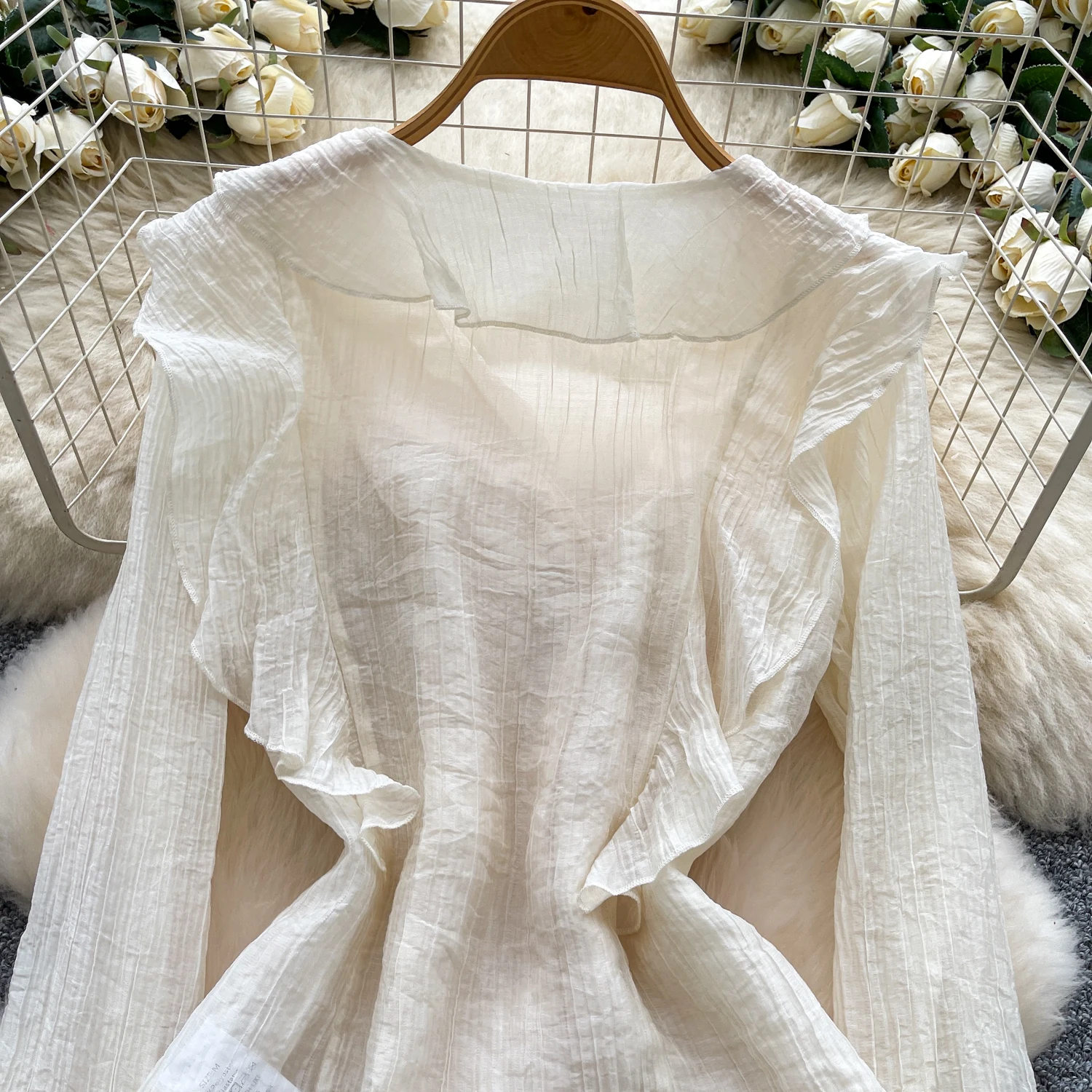 Chic vintage ruffle chiffon long sleeve Elegant Fairy korean fashion  women clothing Two Piece Set