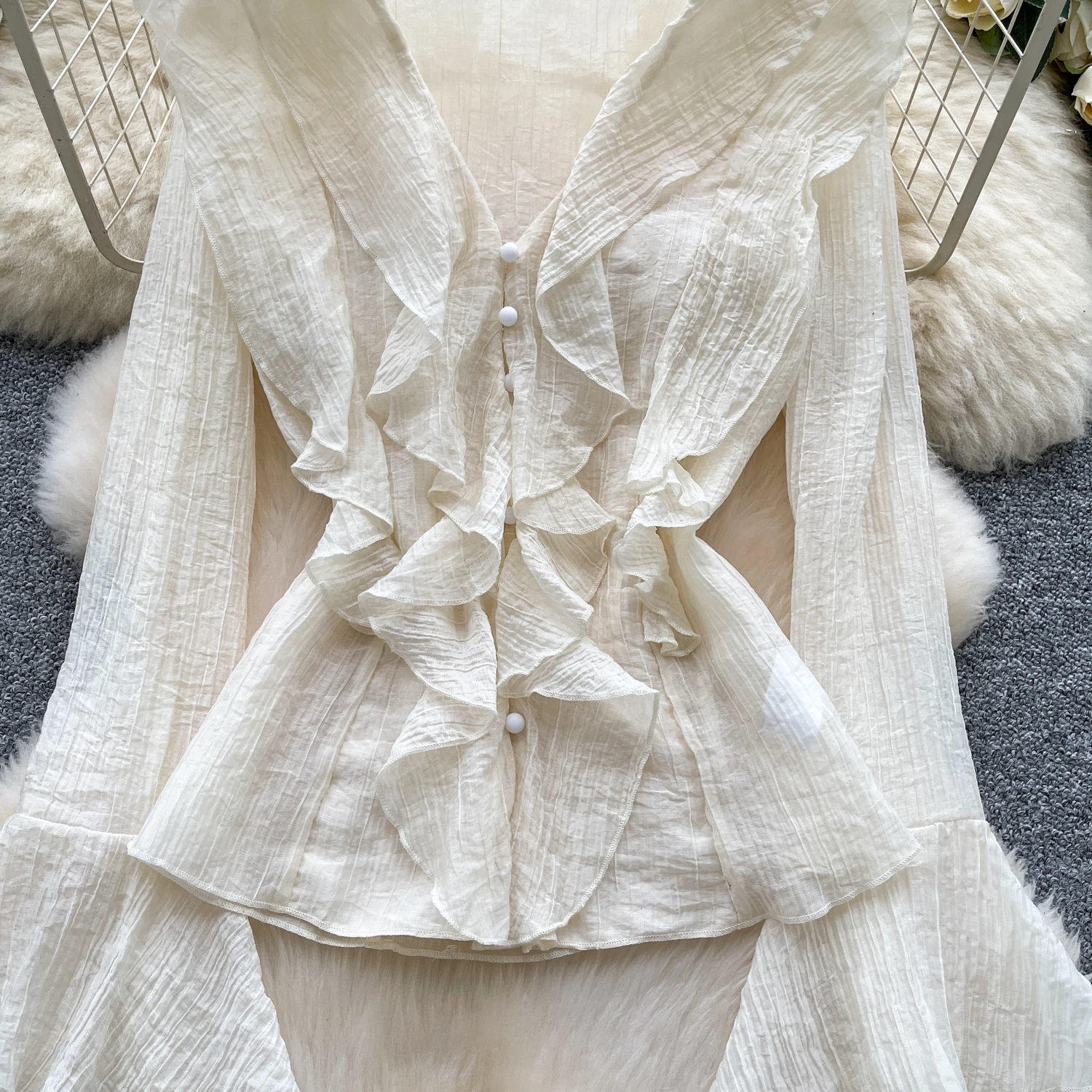 Chic vintage ruffle chiffon long sleeve Elegant Fairy korean fashion  women clothing Two Piece Set