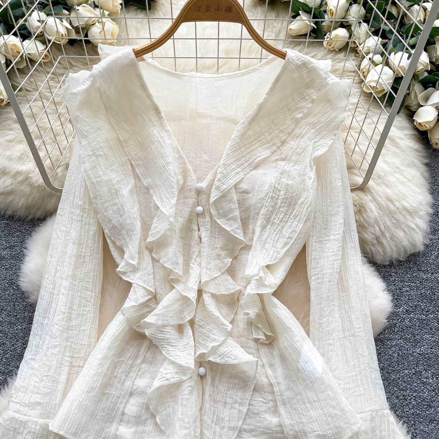 Chic vintage ruffle chiffon long sleeve Elegant Fairy korean fashion  women clothing Two Piece Set