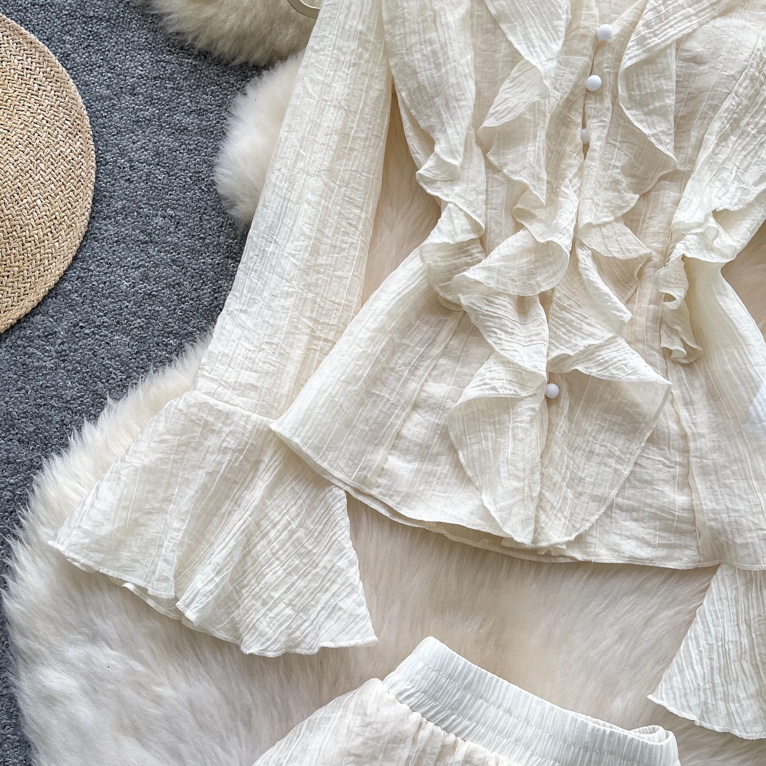 Chic vintage ruffle chiffon long sleeve Elegant Fairy korean fashion  women clothing Two Piece Set