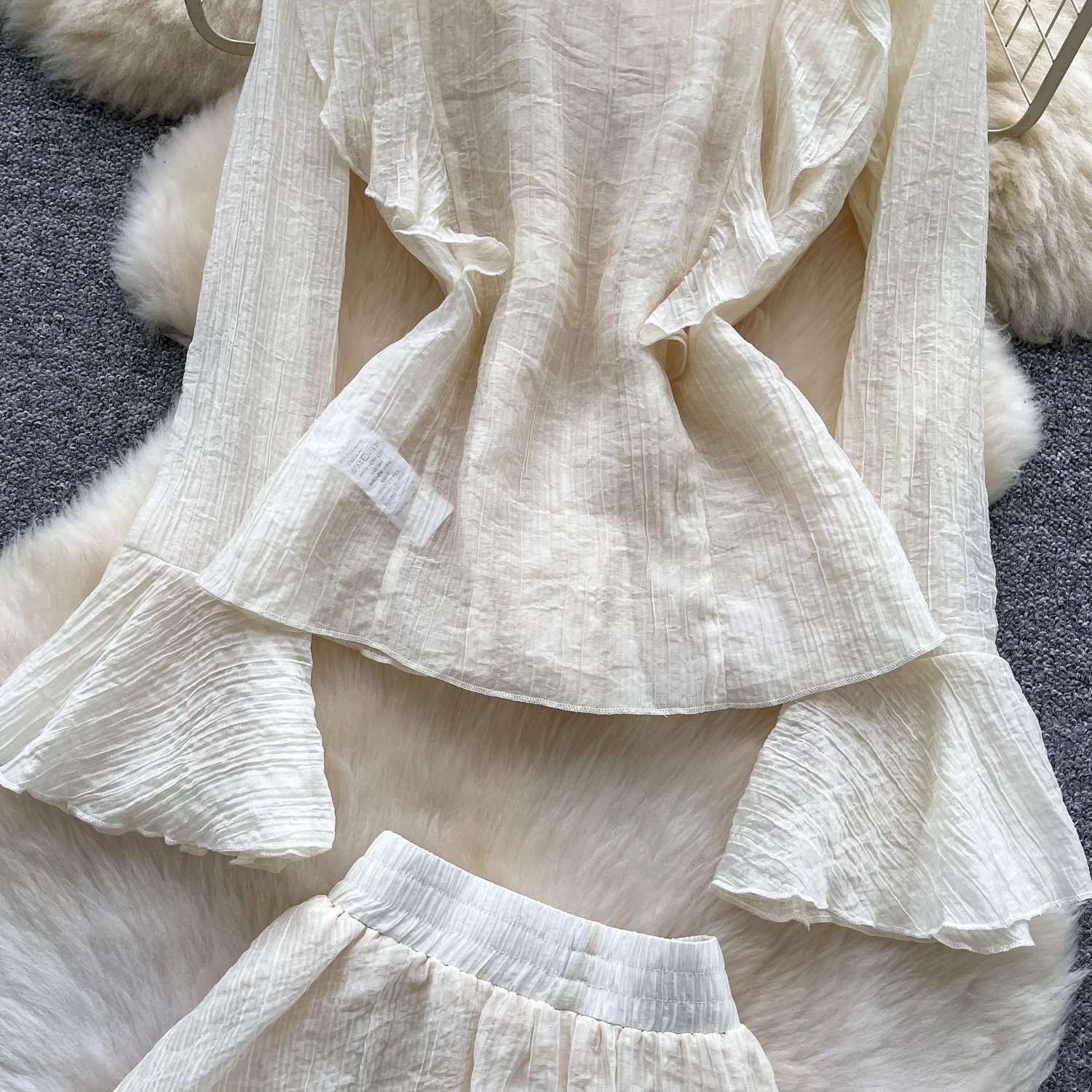 Chic vintage ruffle chiffon long sleeve Elegant Fairy korean fashion  women clothing Two Piece Set