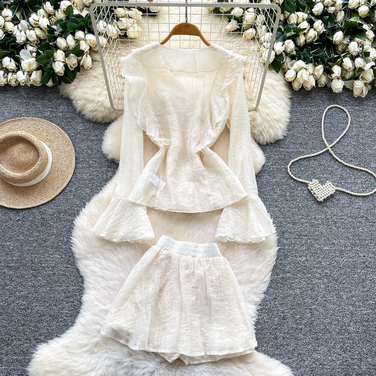 Chic vintage ruffle chiffon long sleeve Elegant Fairy korean fashion  women clothing Two Piece Set