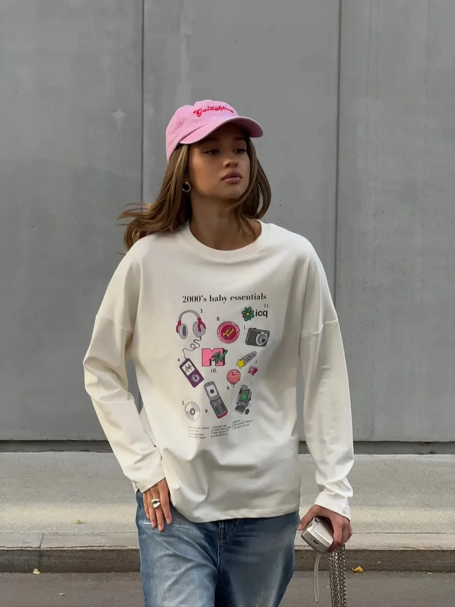 100% Cotton Women's New O-neck Long Sleeve T - Shirt Soft Fabric Oversized Trendy Knot Front Spring Autumn Fashion Printed Tops