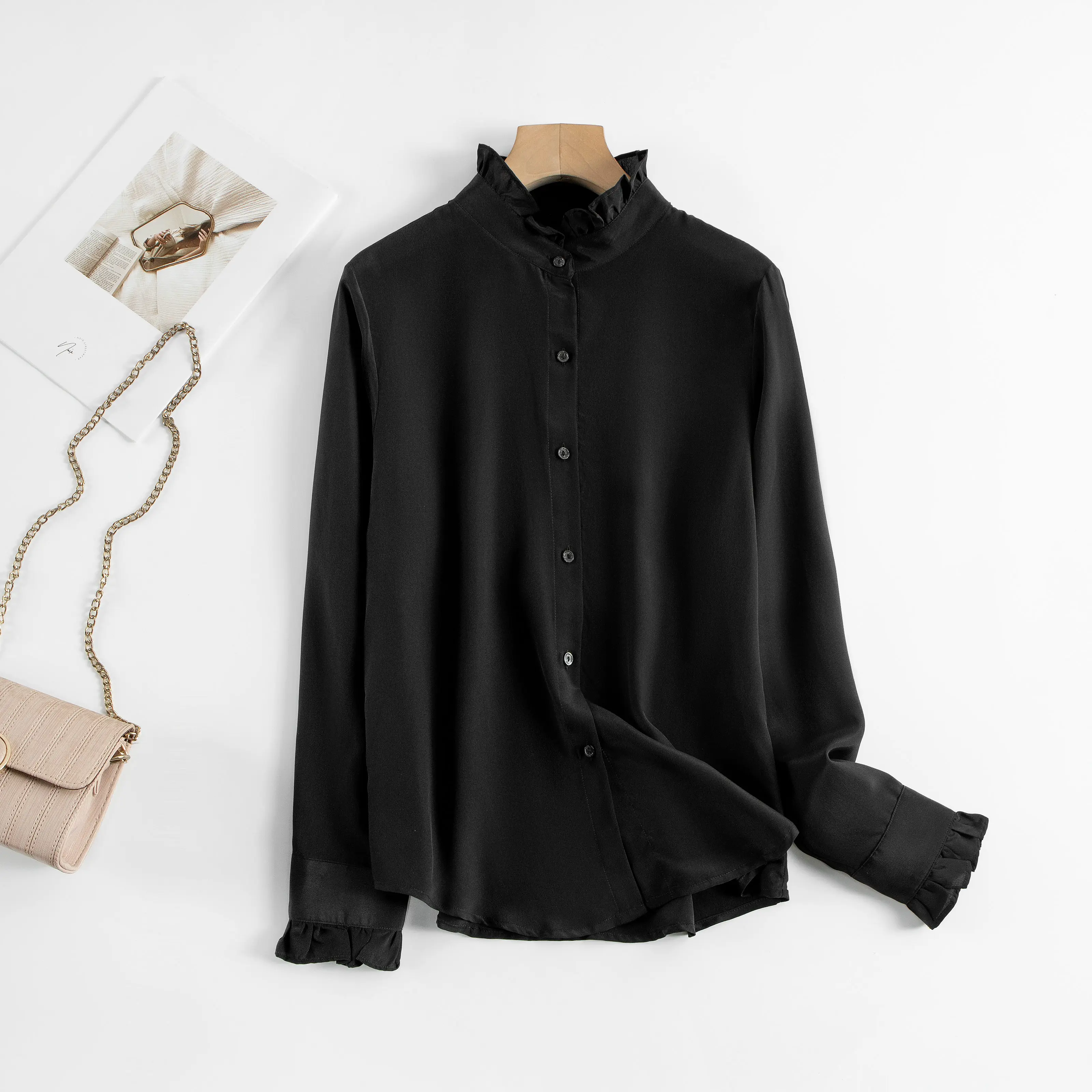 Women's Spring/Autumn New Palace Style 100% Natural Mulberry Silk 03 Crepe De Chine French Solid Long Sleeve Petal Collar Shirt