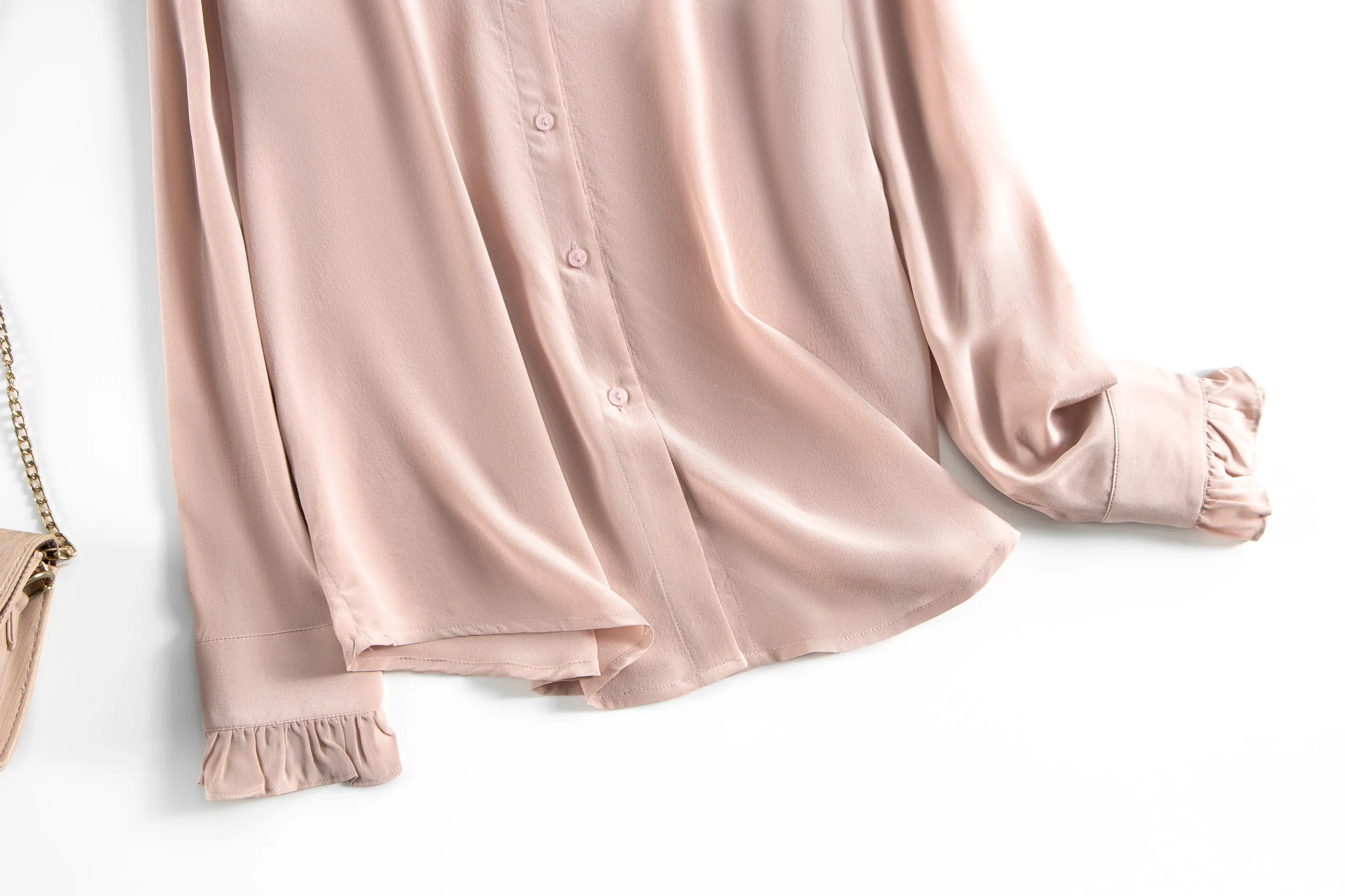 Women's Spring/Autumn New Palace Style 100% Natural Mulberry Silk 03 Crepe De Chine French Solid Long Sleeve Petal Collar Shirt