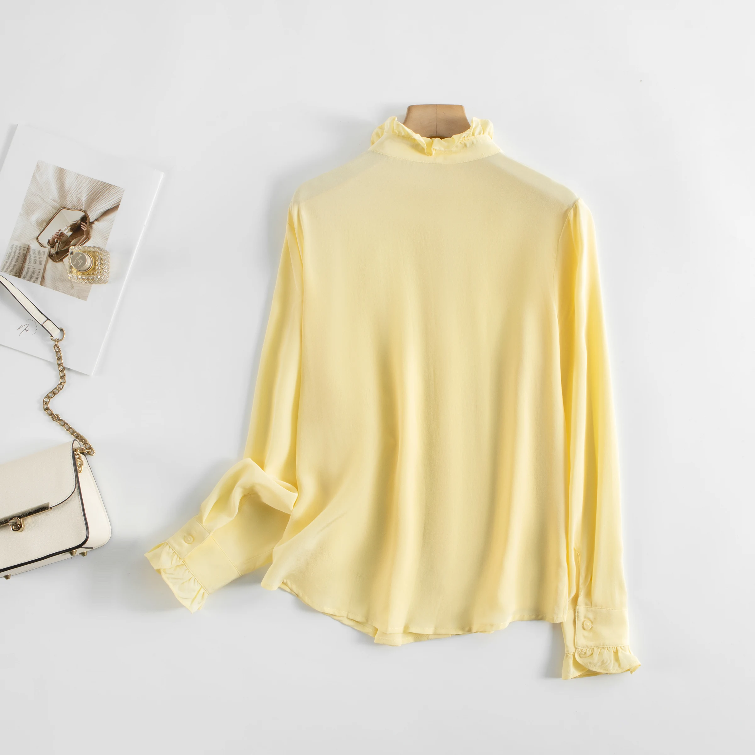 Women's Spring/Autumn New Palace Style 100% Natural Mulberry Silk 03 Crepe De Chine French Solid Long Sleeve Petal Collar Shirt