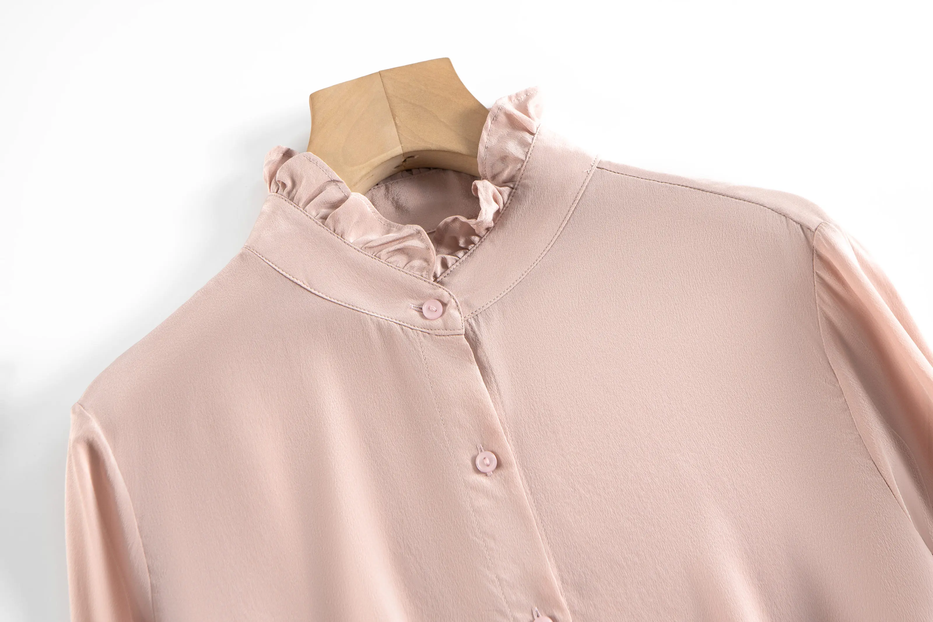 Women's Spring/Autumn New Palace Style 100% Natural Mulberry Silk 03 Crepe De Chine French Solid Long Sleeve Petal Collar Shirt