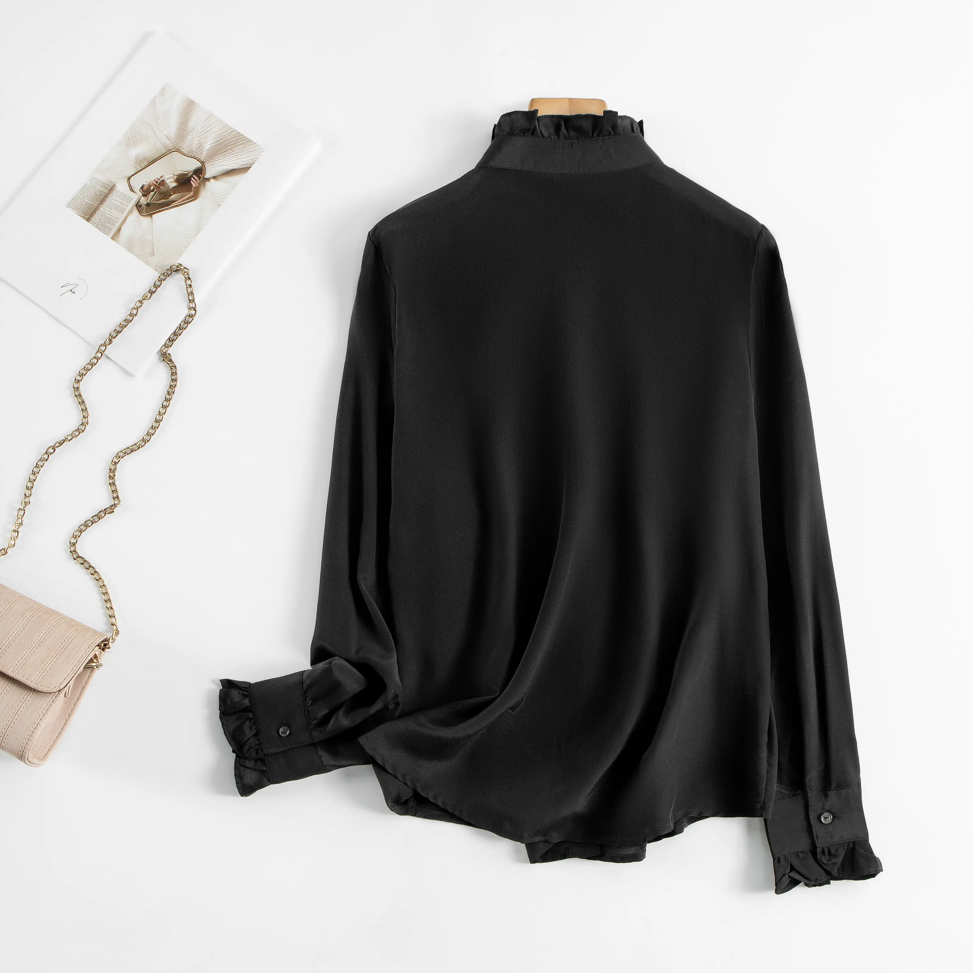 Women's Spring/Autumn New Palace Style 100% Natural Mulberry Silk 03 Crepe De Chine French Solid Long Sleeve Petal Collar Shirt