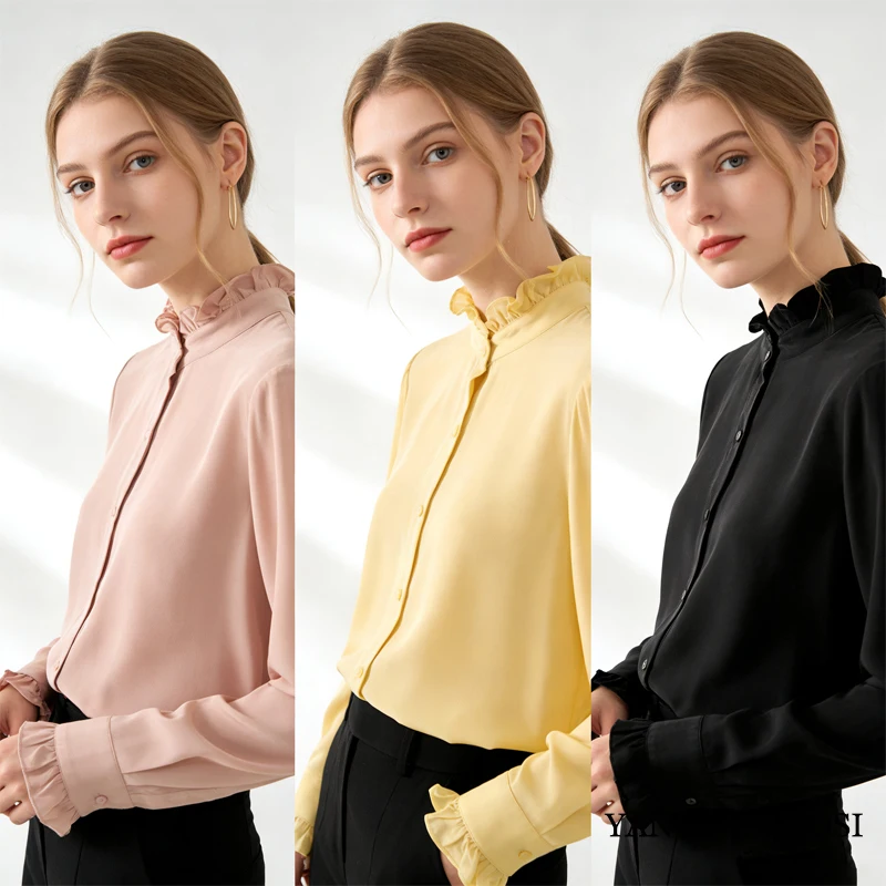 Women's Spring/Autumn New Palace Style 100% Natural Mulberry Silk 03 Crepe De Chine French Solid Long Sleeve Petal Collar Shirt