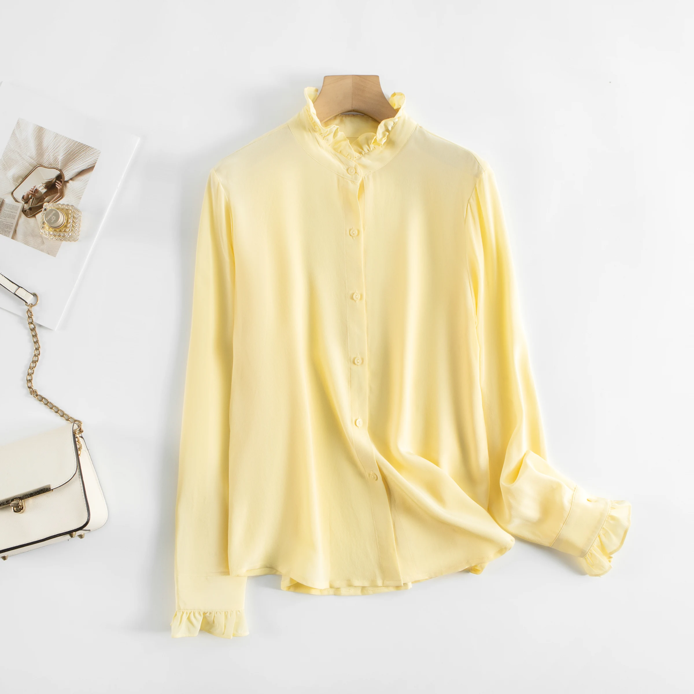 Women's Spring/Autumn New Palace Style 100% Natural Mulberry Silk 03 Crepe De Chine French Solid Long Sleeve Petal Collar Shirt