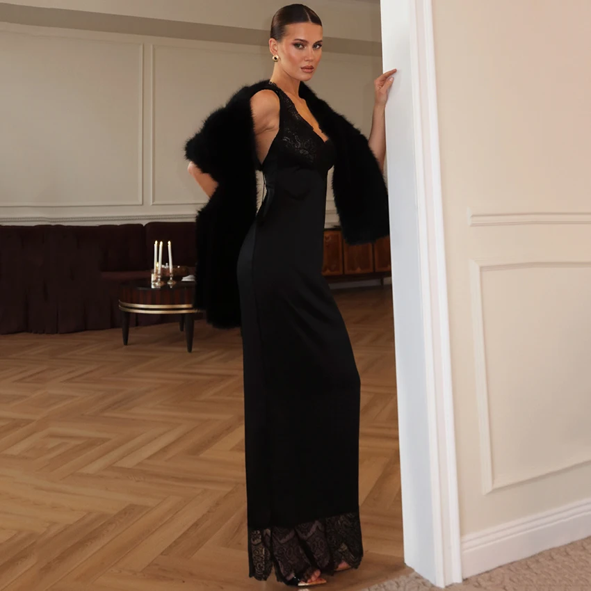Linad Elegant Black Lace High Waist Long Dress Sexy Backless Ankle Length Dresses Female Summer Fashion Slim Party Dress 2026